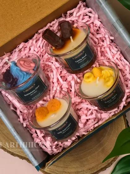 This set of four dessert-themed shot glass candles is a perfect example of how I blend fun scents with aesthetic design. It includes cozy fragrances like Milk & Cookie and Blueberry Glow, making it a sweet treat for yourself or a loved one.