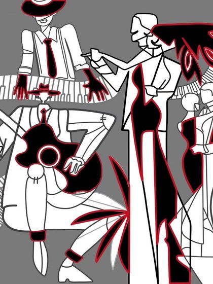 The initial black, white, and red sketch for the 'Lost in the Rhythm' installation, showing the conceptual design before it was brought to life in full color.