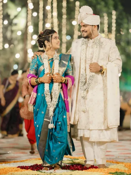 A lovely couple portrait. The bride's makeup is perfectly balanced to complement the groom's attire.