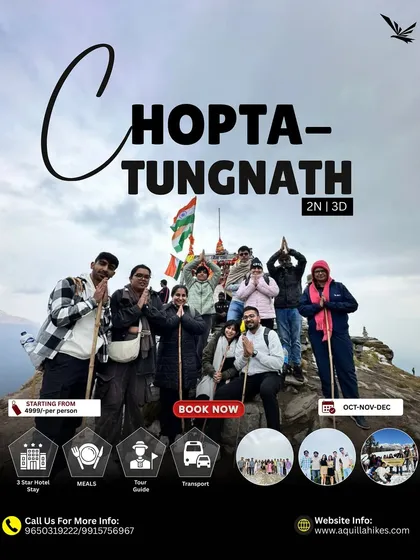 Our Chopta-Tungnath package is designed for a complete experience. This poster highlights the key inclusions like hotel stay, meals, tour guide, and transport.