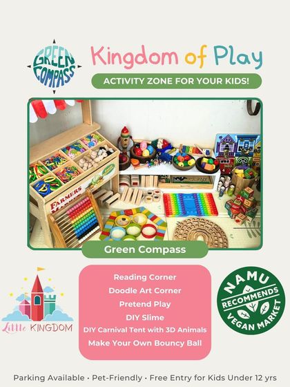 Featuring Green Compass and their "Kingdom of Play" activity zone, which includes a reading corner, DIY slime, and pretend play.