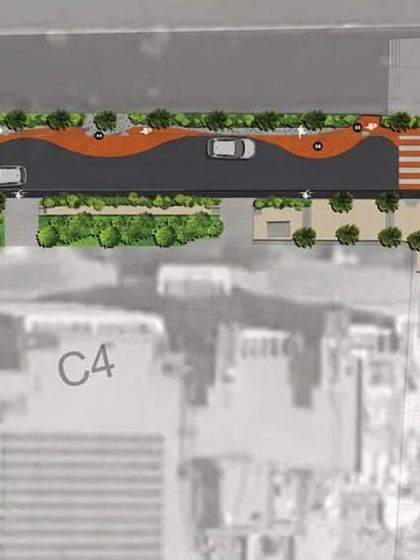 A site plan showing the layout of a curved pathway and interactive walls at Embassy Manyata Tech Park. The plan illustrates how I use flowing lines and color to create a dynamic and engaging pedestrian route.