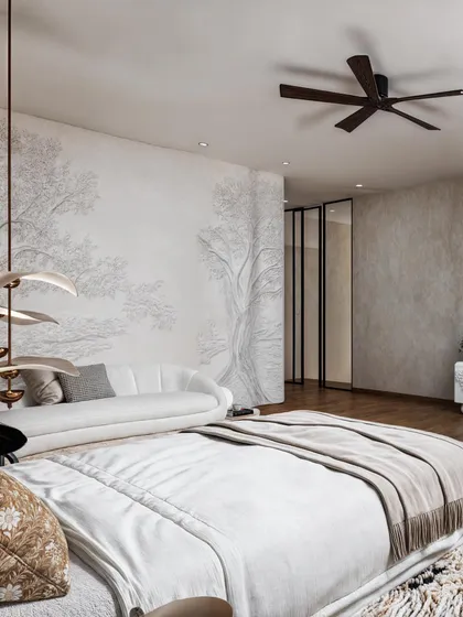 Another view of the tree mural, this time from the bed, emphasizing its scale and artistic impact.