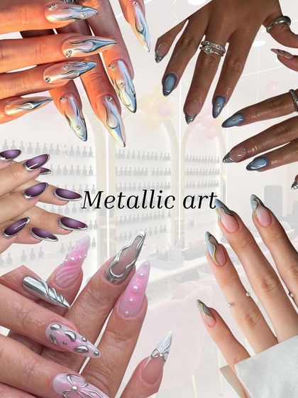 Metallic and chrome art is a huge trend for 2025. This inspiration board shows futuristic 3D silver designs, chrome French tips, and liquid metal effects that add an edgy, high-fashion element to any manicure.