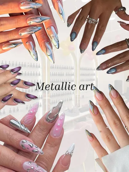 A collage celebrating the metallic art trend. From full silver chrome to delicate 3D accents, these designs show the versatility and futuristic appeal of metallic finishes.