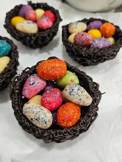 My homemade cashew marzipan Easter eggs nestled in edible chocolate nests. A fun and delicious treat for the season.