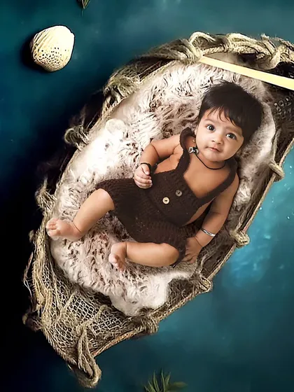 An adventurous sailor theme, with the baby posed in a miniature boat on a deep blue background. This is a great example of a creative concept shoot for baby boys.