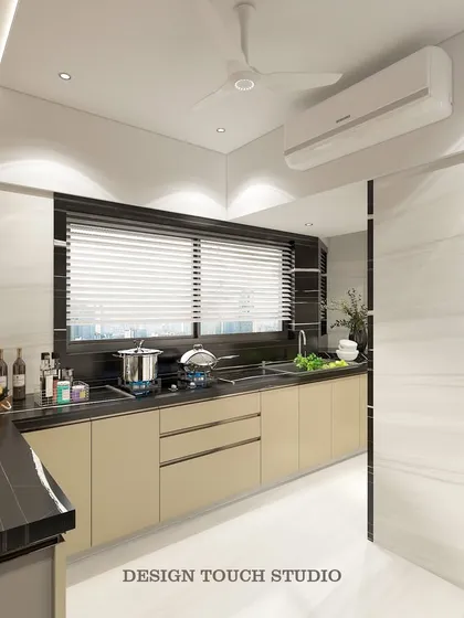 This visualization focuses on the cooking area, with its sleek hob and large window that provides natural light.