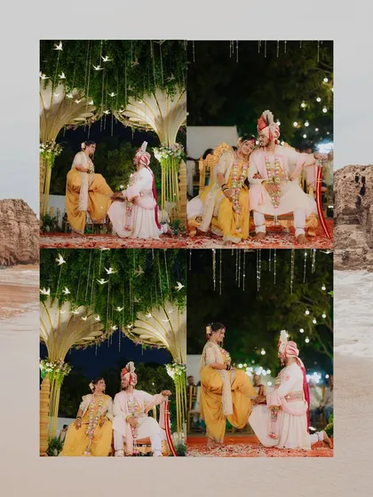 This collage captures the fun and games of a Maharashtrian wedding ceremony. We focus on these lighthearted rituals that bring smiles to everyone's faces.