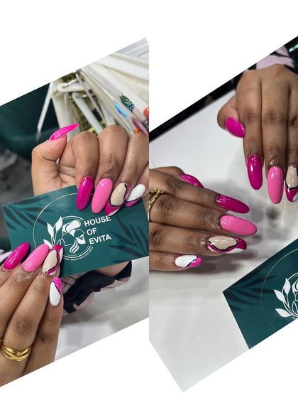 This collage shows another view of the abstract pink and white nail art, highlighting the different patterns on each nail while maintaining a cohesive look.