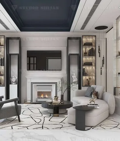 A wider view of the Mansarovar Garden lobby, showcasing the dark-painted tray ceiling which adds depth, and the elegant arrangement of furniture perfect for formal entertaining.