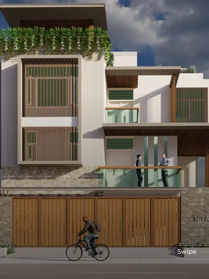 A street-level view from the 3D model of the Srinidhi Residence, showing how the building will interact with its environment.
