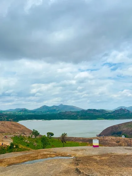 The serene lake as seen from Mandaragiri Hill.