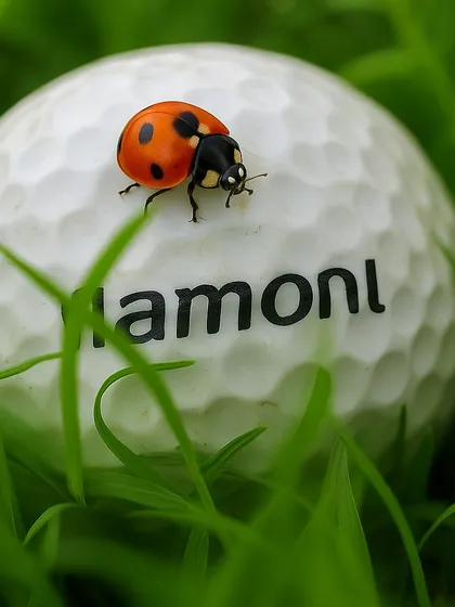 Even nature knows a good ball. A ladybug rests on a Hamoni-branded golf ball nestled in the grass, a perfect symbol of our connection to the game and our environment.