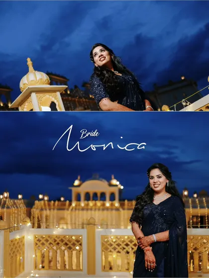 A collage of the bride's portraits against the stunning backdrop of a palace lit up at night, showcasing her elegant evening look.