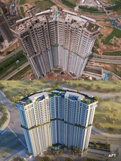 A top-down view comparing the construction and render of the Reva high-rise. The unique footprint of the building is clearly visible as the structure progresses towards completion.