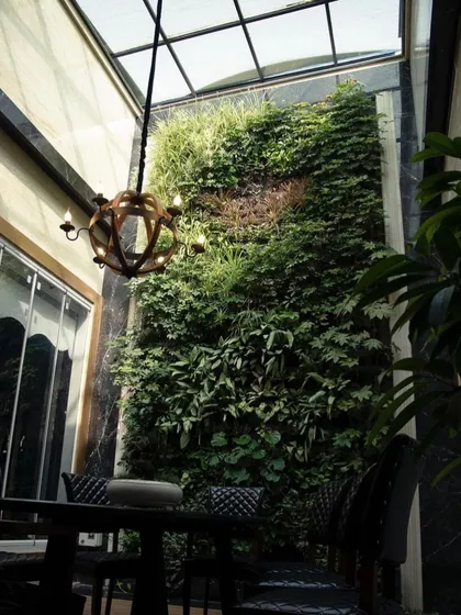 This indoor vertical garden is installed in a narrow courtyard with a skylight. The tall green wall, combined with the elegant chandelier, creates a dramatic and sophisticated dining atmosphere.