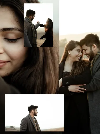 A creative collage focusing on intimate details and expressions. The large close-up of the woman's face paired with smaller moments tells a deeply emotional story.