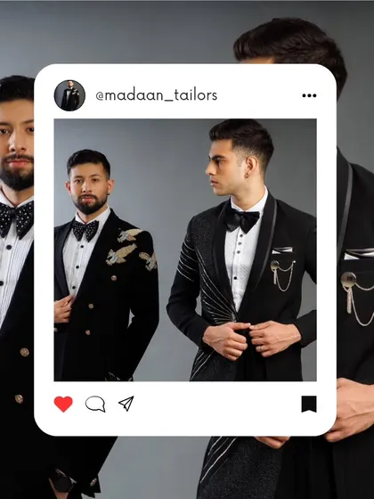 A graphic showcasing two of our popular tuxedo designs, perfect for grooms and groomsmen.