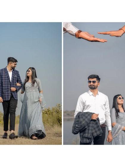 A stylish pre-wedding diptych showing the couple walking together in a field and posing by the water in their smart-casual attire.