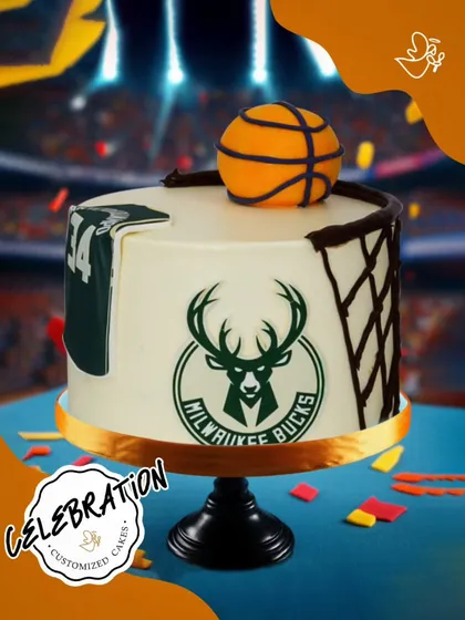 A slam dunk of a cake for a Milwaukee Bucks fan. This basketball-themed cake features the team's logo and a 3D basketball, perfect for an NBA celebration.