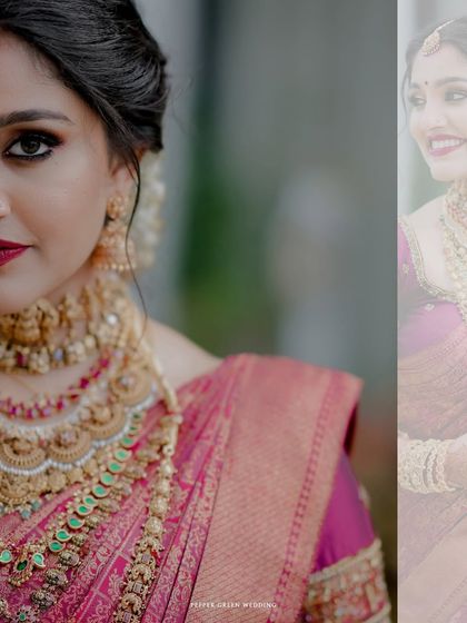 A creative split-screen portrait of the bride, highlighting her expressive eyes and beautiful smile.