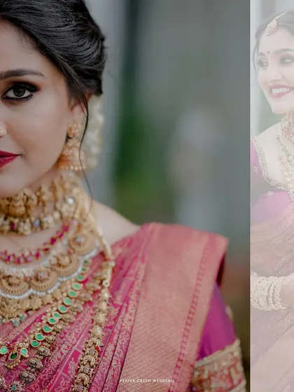 A creative split-screen portrait of the bride, highlighting her expressive eyes and beautiful smile.