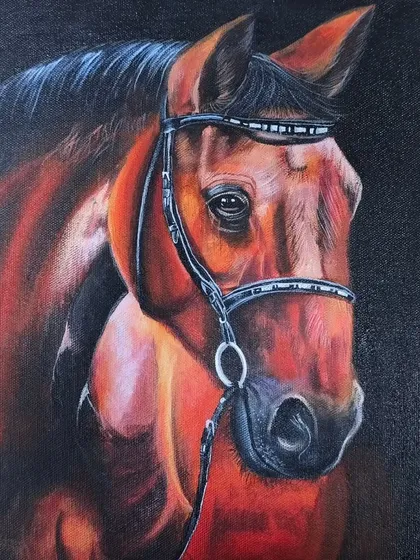 A close-up of a student's masterpiece, this realistic horse portrait was hand-painted over two months. We guide our students to develop the patience and technical skill required for such detailed work, focusing on anatomy, tonal shifts, and capturing life without tracing.