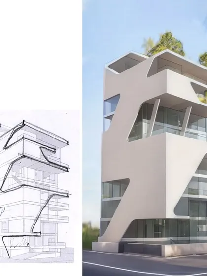 This image shows our design process, moving from an initial conceptual sketch to a realistic 3D render for a residence in Bengaluru. This iterative journey allows us to refine the building's form and its relationship with the surrounding space.