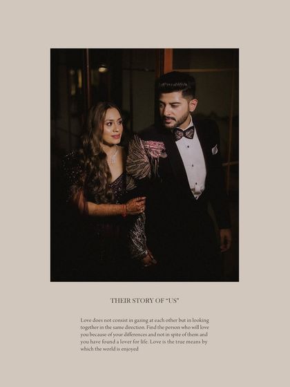 The couple walks arm-in-arm, captured in a classic, elegant portrait from their reception or engagement event.