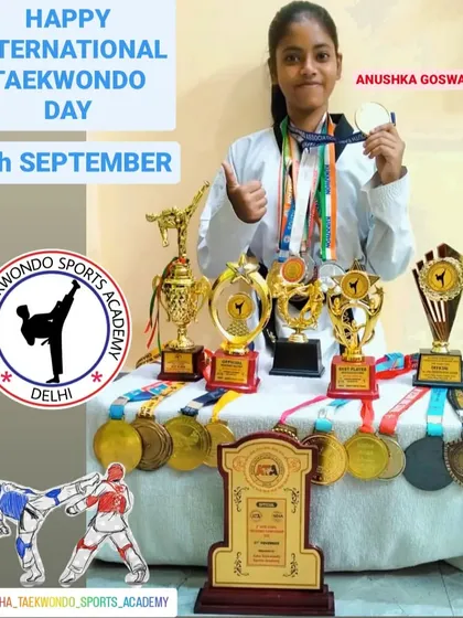 The result of dedication. One of our star students, Anushka Goswami, showcasing her incredible collection of medals and trophies. We nurture champions at every level.