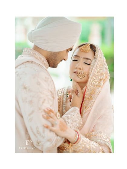 An intimate portrait of Ajay and Himanshi in their beautiful Sikh wedding attire. We focus on soft, natural light to capture tender moments and the intricate details of their outfits.
