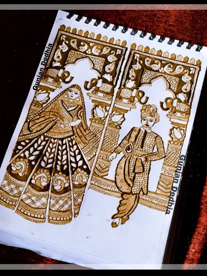 A sketch of a royal bride and groom design. This is where the magic begins, planning out the composition and details before picking up the henna cone.