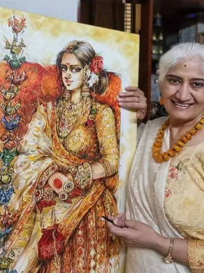 The celebrated artist Sumitra Ahlawat Ji with one of her stunning mixed-media paintings. It was a pleasure to host her at our exhibition and provide our students with the opportunity to learn from a master.