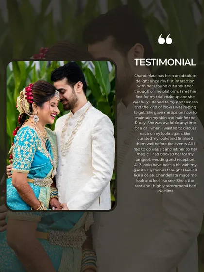 A heartfelt testimonial from my bride Neelima. She booked me for her Sangeet, wedding, and reception, and I am so glad all three looks were a hit.
