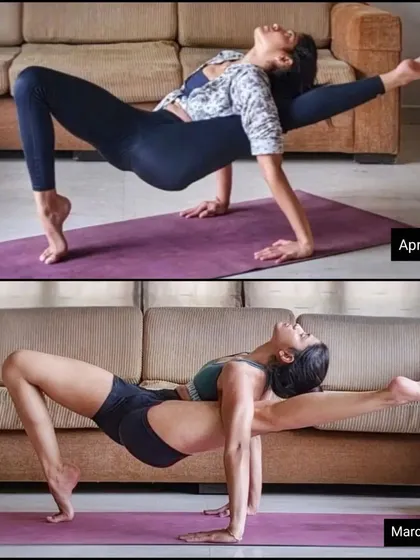 This progress photo shows my journey with Kala Bhairavasana, or Shiva Pose, over a year. It’s a testament to how consistent practice builds not just physical strength in the arms and core, but also deepens focus and balance.