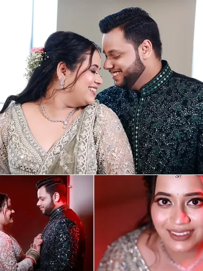 A collage of a couple sharing happy and intimate moments during what appears to be their engagement or reception.
