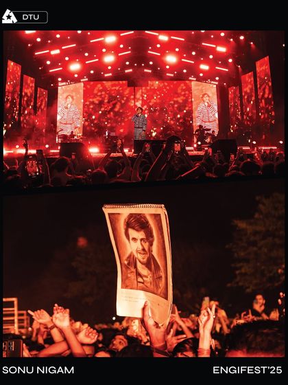 A split-screen showing Sonu Nigam on stage and a fan holding up his portrait, capturing the deep connection between artist and audience that our events foster.