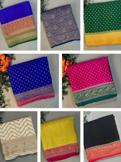 A collage showcasing the variety of designs and colors available in our Banarasi crepe collection.