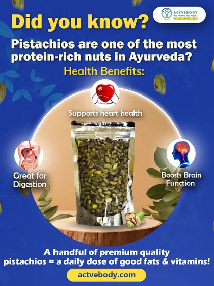 Did you know pistachios are one of the most protein-rich nuts in Ayurveda? This graphic highlights their benefits for heart health, digestion, and brain function, calling them a daily dose of good fats and vitamins.