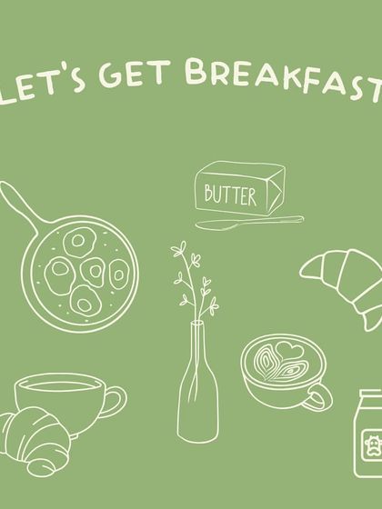 An illustration capturing the essence of breakfast at my café. It features all the essentials: shakshouka, croissants, coffee, and fresh butter.