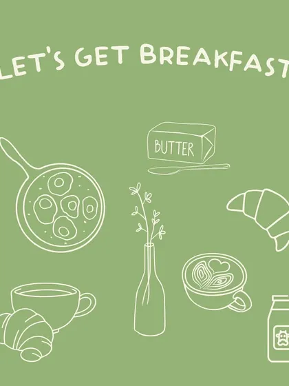 An illustration capturing the essence of breakfast at my café. It features all the essentials: shakshouka, croissants, coffee, and fresh butter.