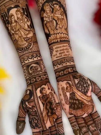 A divine bridal design featuring portraits of Hindu deities Radha-Krishna and Shiva-Parvati, along with mantras, for a truly blessed beginning.