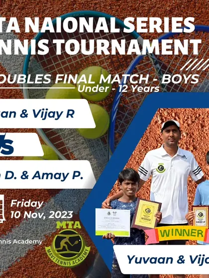 Celebrating the victory of our Boys' Doubles U-12 champions, Yuvaan & Vijay R, at the AITA National Series Tournament. We emphasize strong doubles strategy and teamwork.
