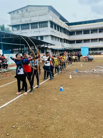 The shooting line at the Raigad School District Archery Competition, an event we helped organize. It's rewarding to see so many students participating.