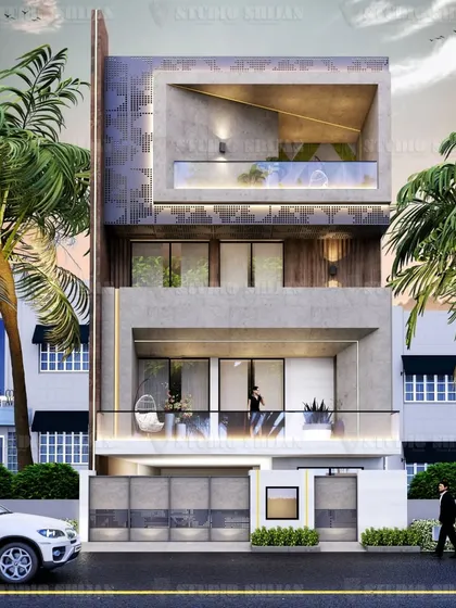 For this 226 sq. yard plot in Janakpuri, we designed a facade with a large, cantilevered volume on the top floor. A decorative metal screen adds texture and filters light into the space.