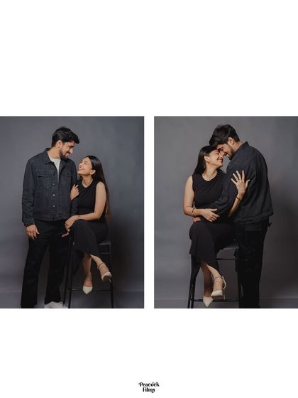 A diptych of classic pre-wedding studio poses. These portraits showcase the couple's elegant style and the deep connection they share, captured in timeless black and white.