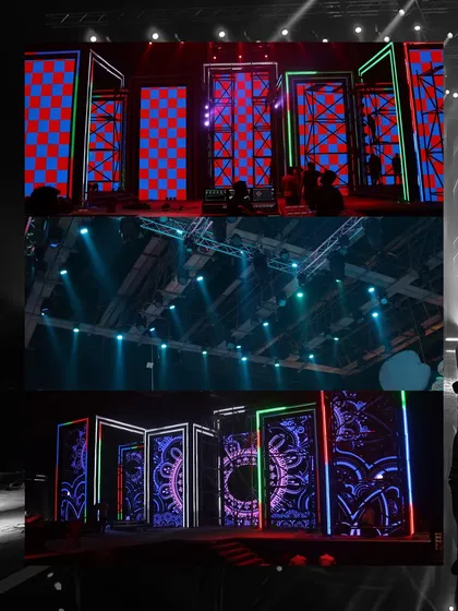 A collage of the LED screen designs for 'Devi Aai'. This shows the versatility of the visuals we can create, from simple checkerboard patterns for testing to intricate, mandala-inspired animations for the final take.