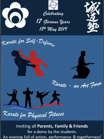 This poster celebrated 17 years of Seido Karate in Noida. Our anniversary events are a chance for students to demonstrate their skills in self-defense, kata, and fitness for their parents, family, and friends.