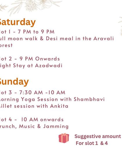 The schedule for our 'Experience the Magic of Sun & Moon' event, featuring a full moon walk, a morning yoga session, and a millet workshop.
